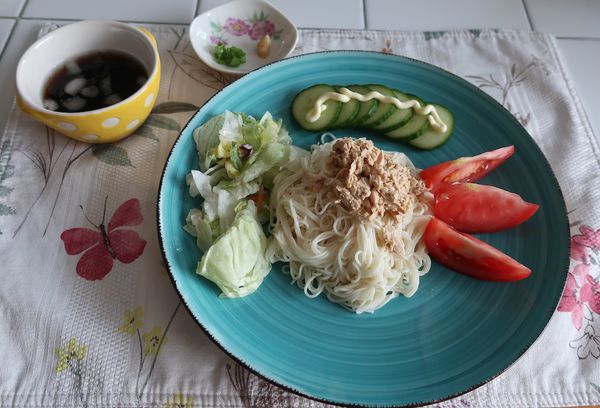 Cold Somen noodles with salad (サラダ素麺)